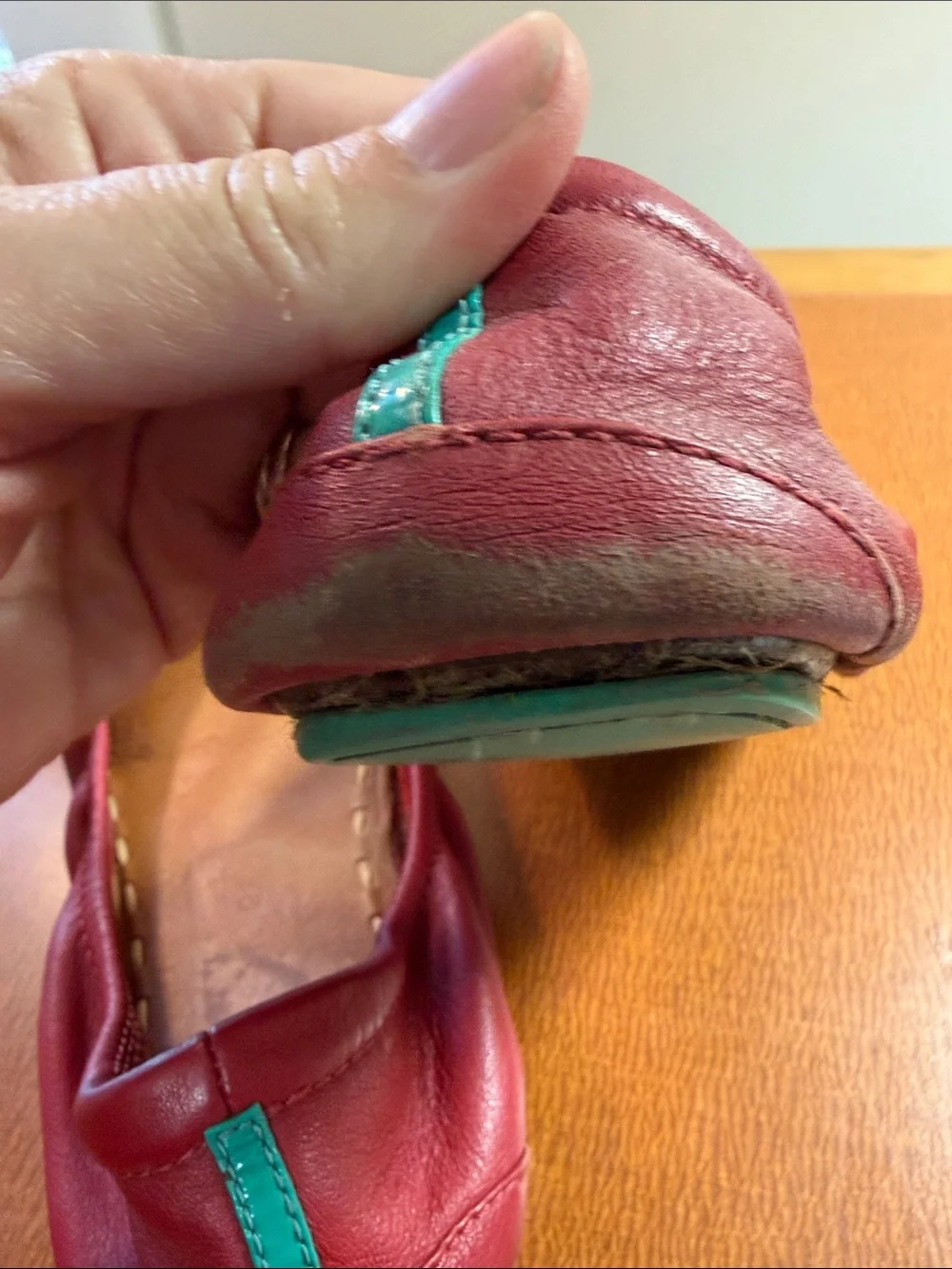 Tieks Red Leather Ballet Flats with Teal Heel Tab - Women